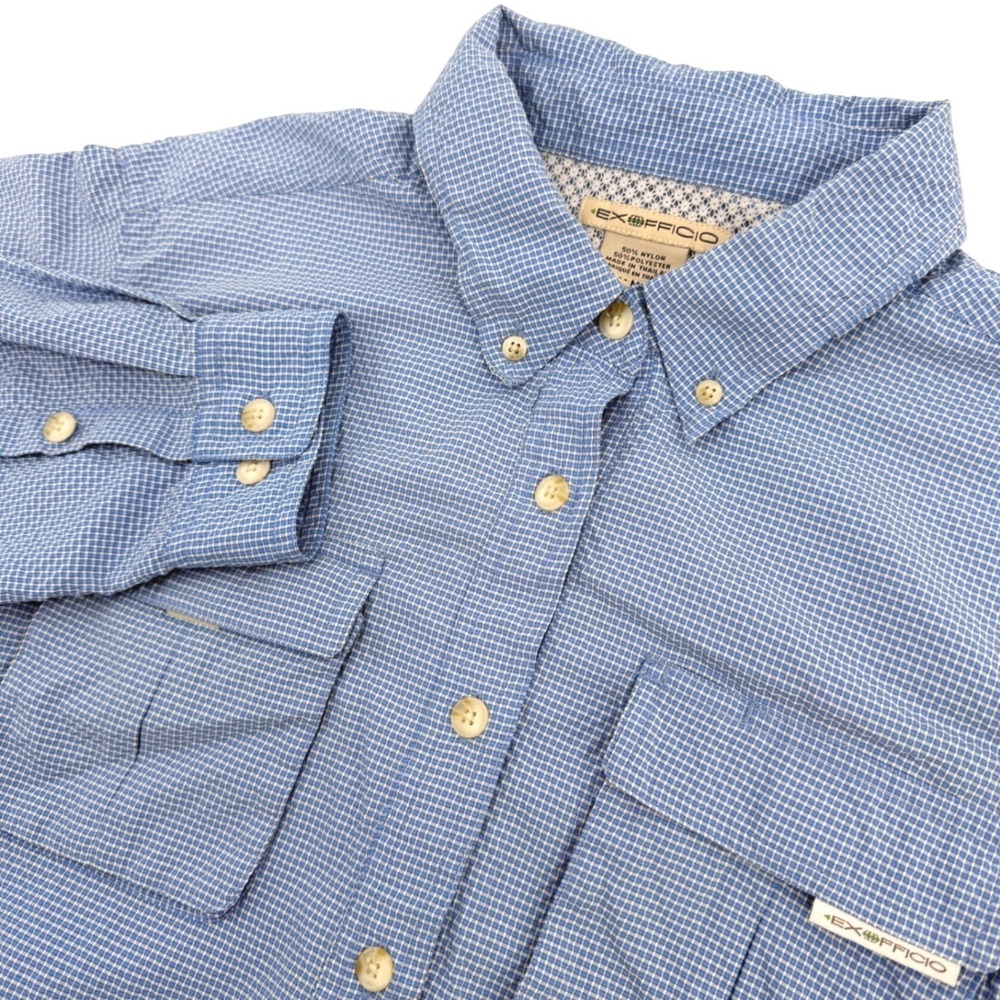ExOfficio Shirt Men M Blue Seersucker Vented Fishing Hiking Outdoor Performance